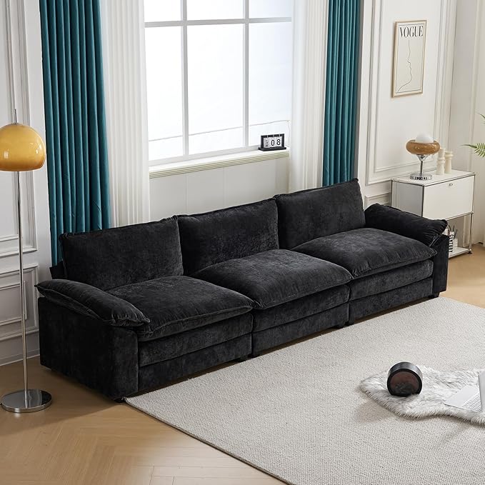 Karl home Sectional Sofa Modular Deep Seat Sofa Couch with Ottoman, Chenille Sofa Sleeper Comfy Upholstered Furniture for Living Room, Apartment, Studio, Office, (3-Seat & 1-Ottoman, Black)-Ruum Studio Home