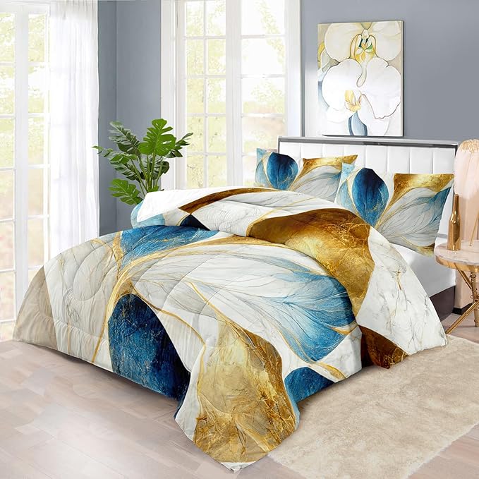 Vintage Floral Comforter Set King Size Women,Marble Flower Bedding Set King,Marble Blue Flower Bed Comforter,Blue and Gold Floral Quilt Bedroom Decor for Kids and Adults-Ruum Studio Home