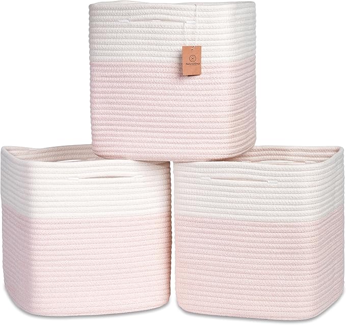 NaturalCozy 13 Inch Cube Storage Bins Cotton Rope Woven Baskets for Organizing 3-Pack | 13 x 13 Storage Cubes | Fabric Square Storage Baskets for Shelves Organizer, Kids Toy Bins, Closet Baby Nursery-Ruum Studio Home