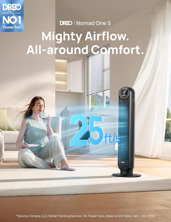 Dreo Tower Fan for Bedroom, Smart Oscillating Quiet Floor Fans, Standing Bladeless Fan with Remote and WiFi Voice Control, 4 Modes, 4 Speeds, 8H Timer, 28dB, Works with Alexa/Google-Ruum Studio Home