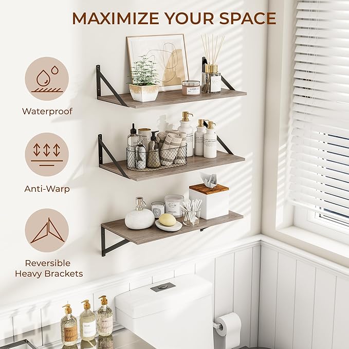Heimlove 24" W x 12" D Wall Shelves for Books, 12 Inch Deep Floating Shelves Set of 3, Wide Floating Bookshelf with Metal Bracket for Living Room, Kitchen, Office, Bedroom and Decor Storage - Grey-Ruum Studio Home