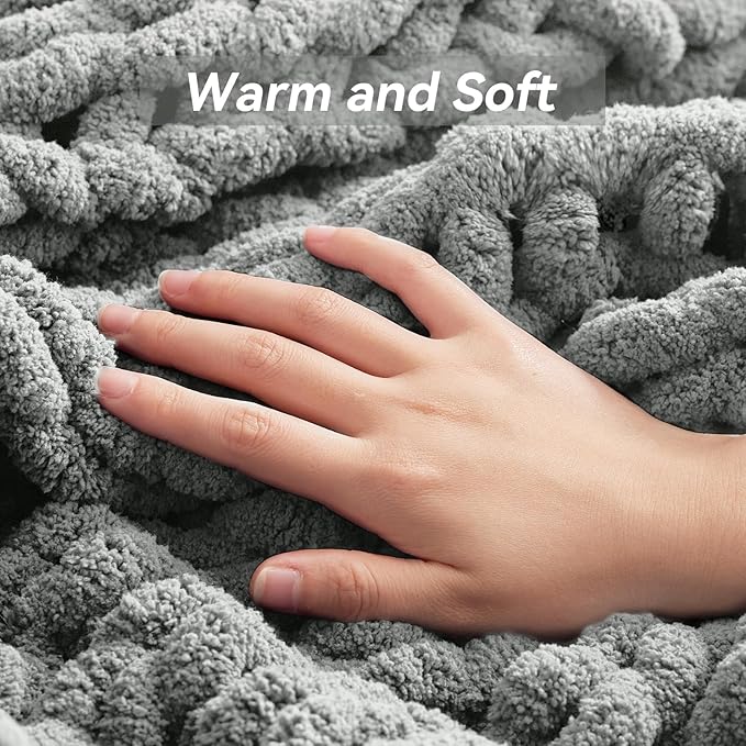 Chunky Knit Throw Blanket, 50''*60'' Knitted Throw Chenille Yarn for Bed Couch, Handmade Light Grey Crochet Big Thick Blanket, Machine Washable Cute Comfy Blanket for Home Decor-Ruum Studio Home
