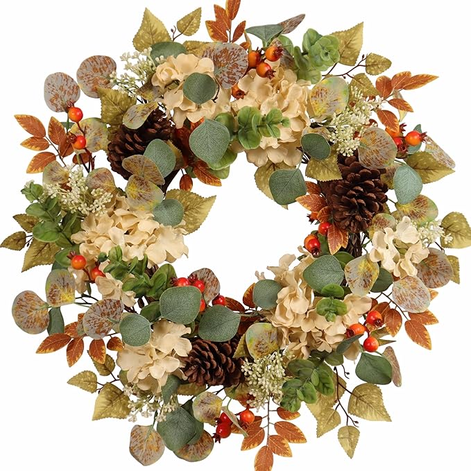 22 in Fall Hydrangea Wreath with Eucalyptus, Pinecones Orange Berries Perfect Autumn Door Wreath for Thanksgiving Harvest Decor - Rustic, Lifelike Durable for Indoor Outdoor Use-Ruum Studio Home