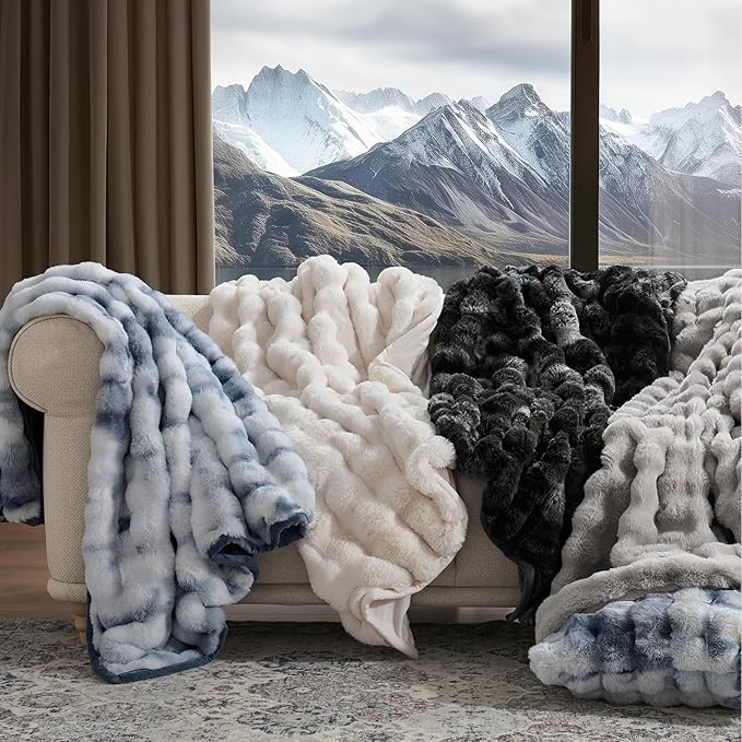 EVERGRACE Ultra Soft Luxury Fluffy Ridgeline Faux Rabbit Fur Throw Blanket, Thick Warm Bubble Throw for Bed, Cozy Plush Reversible Blankets for Couch, Chair, Sofa, Taupe, 50x60 Inches, 870 GSM-Ruum Studio Home