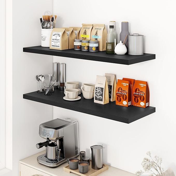 40" Floating Shelves for Wall, 12" Deep Slim Black Floating Shelves, Wall-Mounted Shelves for Bedroom, Living Room, Kitchen, Bathroom - Set of 2-Ruum Studio Home