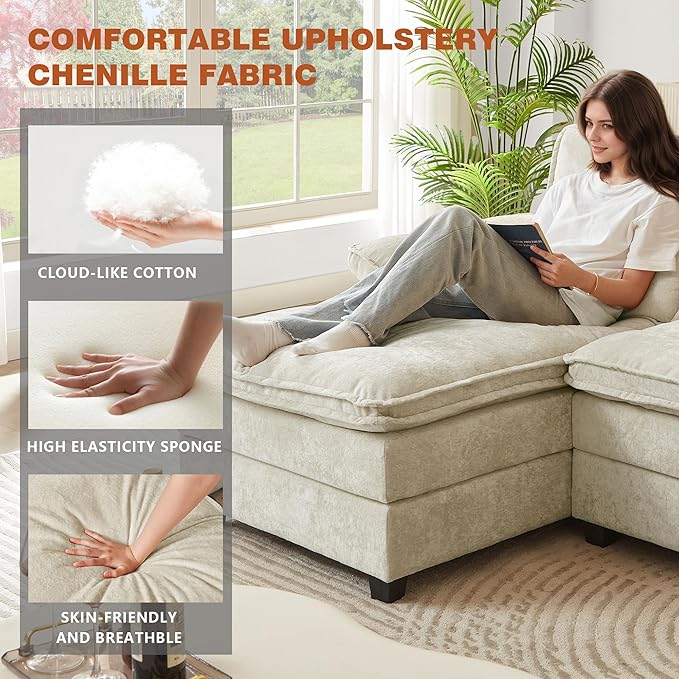 113" Oversized Cloud Couch, U Shape Sectional 4 Seat Sofa with Double Chaises, 2 Layer Cusions, Deep Seat Comfy Sofa, Upholstery Chenille Fabric for Living Room, Beige-Ruum Studio Home