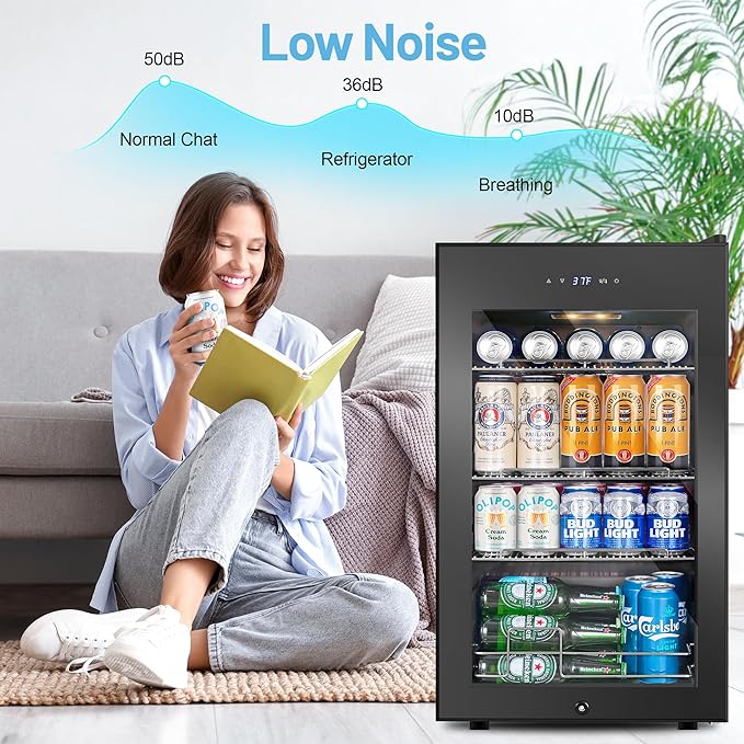 Beverage Refrigerator Cooler, 17 Inch 120 Cans Freestanding Mini Fridge with Glass Door, Adjustable Shelves and LED Light, Small Drink Fridge Counter-top Beer Fridge for Bedroom Office Bar-Ruum Studio Home