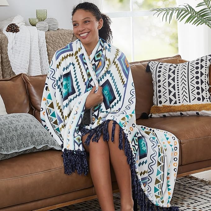 CASAAGUSTO Boho Throw Blanket - Blue and White Decorative Blankets with Tassel, Printed Flannel Bohemian Blanket for Chair, Bed, Sofa, Couch(50 * 60, Blue and White)-Ruum Studio Home