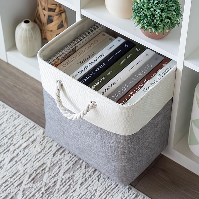 OrganiHaus 13x13 Cube Storage Bins 4 Pack, Foldable Cube Storage Organizer w/ Rope Handles, Collapsible Fabric Bins for Toys, Clothes & Closet Organization, Fabric Square Baskets - Gray/White-Ruum Studio Home