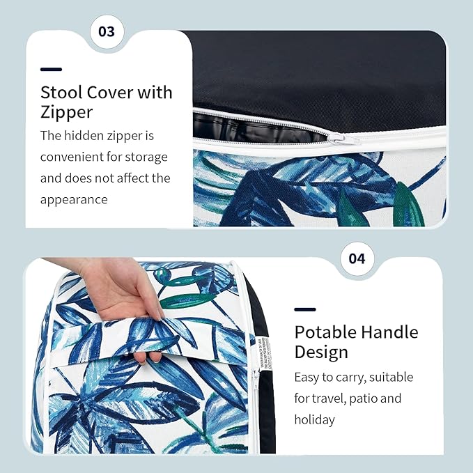 Inflatable Ottoman Stool D21 xH9 for Outdoor/Indoor Use, Water Repellent Patio Foot Rest Stool with Portable Handle,Round Pouf Ottoman Suitable for Garden,Deck and Camping - Leaves Ink Blue-Ruum Studio Home