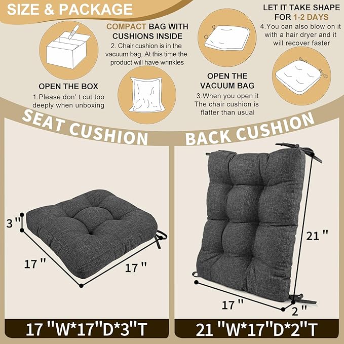 BUYUE Chair Cushion Set for Rocking Chair, Back Pillow & Seat Cushion with Ties, Original Woven Fabric Non-Slip Chair Pads for Elderly Sitting, Dark Gray-Ruum Studio Home
