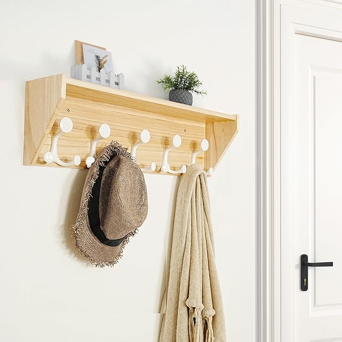 SKOLOO Wall Shelf with Hooks, 24-Inch Coat Rack Wall Mount with Shelf Organizer - Lightweight & Sturdy, 5 Tri Hooks - Perfect for Entryway, Hallway, Living Room, Bedroom, Mudroom, Natural & White-Ruum Studio Home