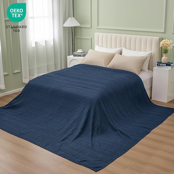 PHF Cooling Waffle Blanket California King Size, Lightweight 60% Rayon Derived from Bamboo & 40% Cotton Breathable Blanket for Hot Sleepers, Soft and Luxury for Bed Couch and Sofa, 110"x96", Navy Blue-Ruum Studio Home
