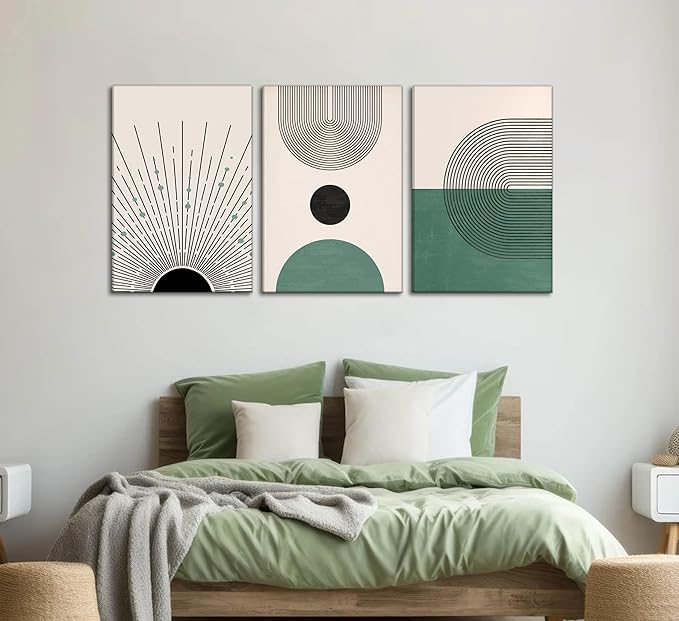 3 Pcs Sage Green Boho Canvas Wall Art Modern Abstract Minimalist Neutral Bohemian Sun Geometric Line Painting Picture Wall Decor Poster Print Artwork for Living Room Bedroom Home Decoration-Ruum Studio Home