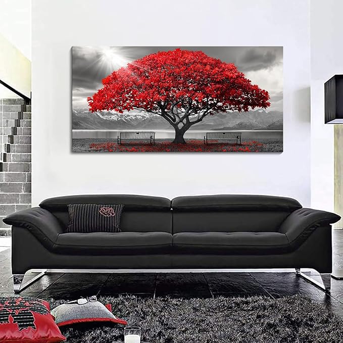 AJAZIKO Red Wall Art - Modern Framed Wall Art for Living Room - Red Tree Black and White Landscape Canvas Prints Posters & Prints for Home Office Bedroom Decorations - Large Wall Pictures 24×48IN-Ruum Studio Home