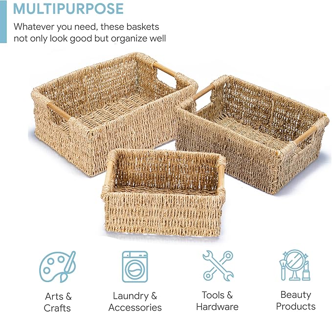 VATIMA Seagrass Baskets with Wooden Handles, Set of 3 Decorative Natural Wicker Baskets for Kitchen-Ruum Studio Home