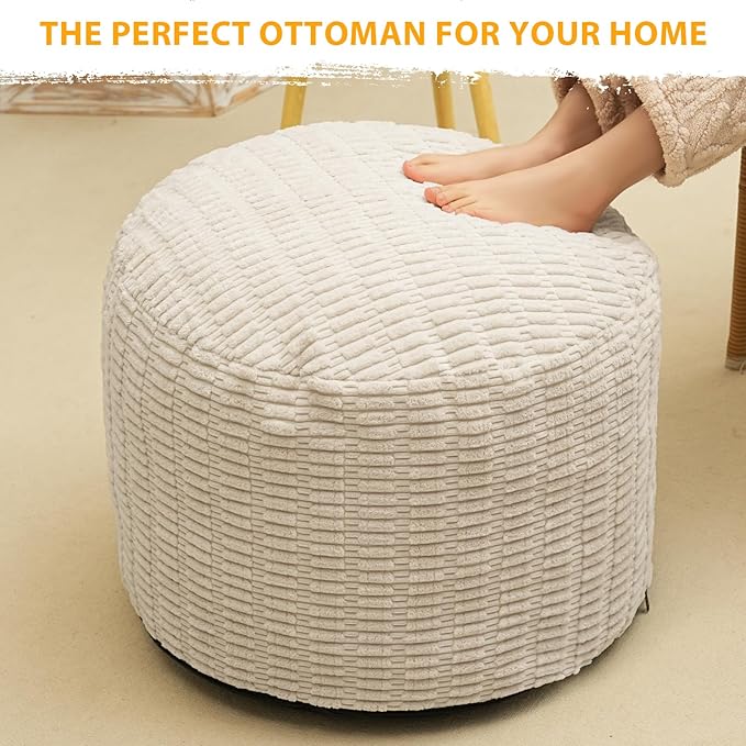 Round Stuffed Pouf Ottoman for Foot Rest, Storage Ottoman Pouf Foot Stool Cushion, Faux Fur Poufs with Foam Chunk Filling, 26 X 18 Inch Floor Chair for Living Room Bedroom Home Decor, Beige-Ruum Studio Home