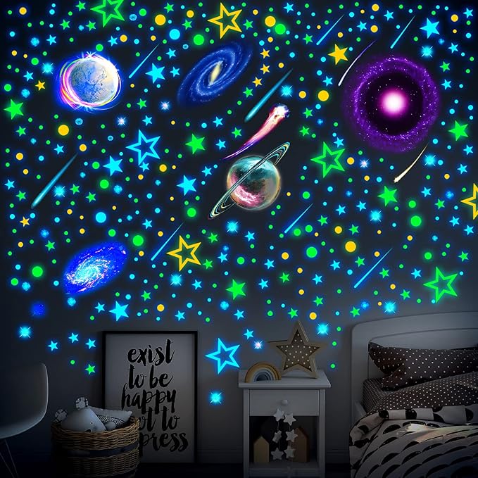 Spakon 495 Pcs Glow in The Dark Moons and Stars Wall Decals for Ceiling,Glowing Planets Wall Stickers Removable Galaxy Solar System Space Decal Nursery Stickers for Kids Bedroom Living Room Decor-Ruum Studio Home