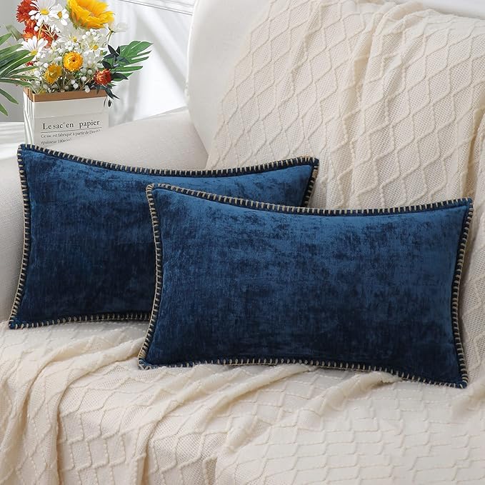 decorUhome Chenille Soft Throw Pillow Covers 12x20 Set of 2, Lumbar Velvet Farmhouse Neutral Decorative Euro Pillow Covers with Stitched Edge for Couch Sofa Bed Home Decor, Poseidon-Ruum Studio Home