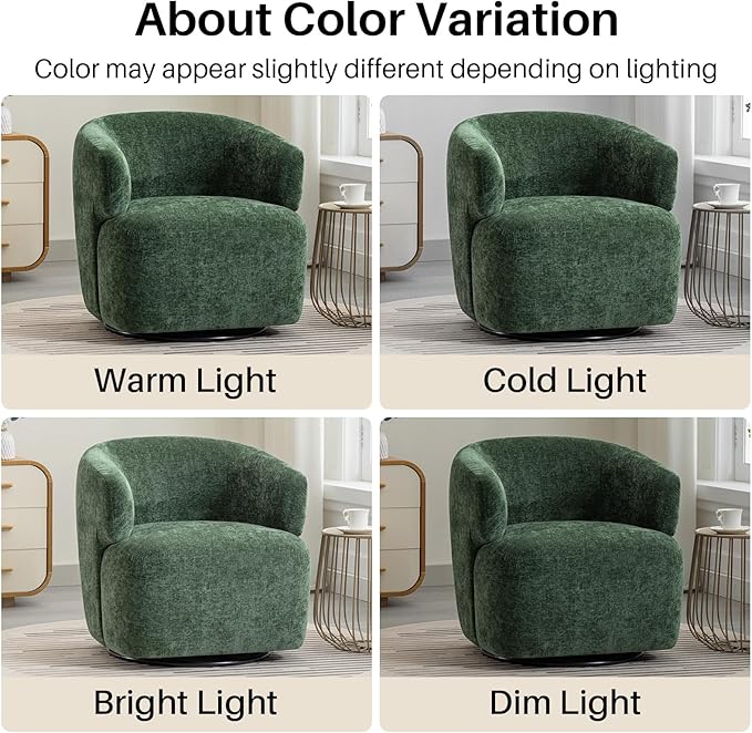 Swivel Accent Chair, Chenille Barrel Chair for Living Room, Cozy Round Boucle Arm Chair, Metal Base for Club Nursery Bedroom, Green-Ruum Studio Home