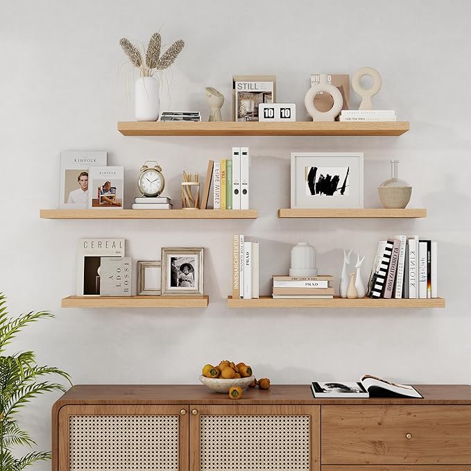 Fun Memories Solid Oak Wood Floating Shelves, 9.3 Inch Deep Natural Wood Shelf with Invisible Heavy Duty Bracket for Bathroom Bedroom Kitchen - 48inch Set of 1, Natural-Ruum Studio Home