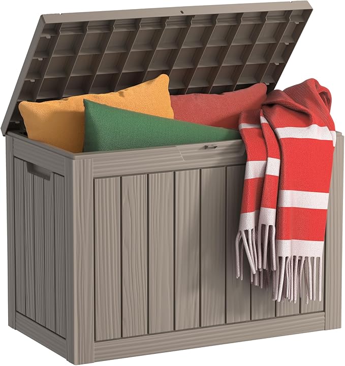 DRATO 45 Gallon Deck Box, Outdoor Storage Box for Patio Furniture, Patio Cushions, Gardening Tools, Pool Supplies 480lbs Weight Capacity,Waterproof Resin Storage Boxes (Light Brown, 45Gal)-Ruum Studio Home
