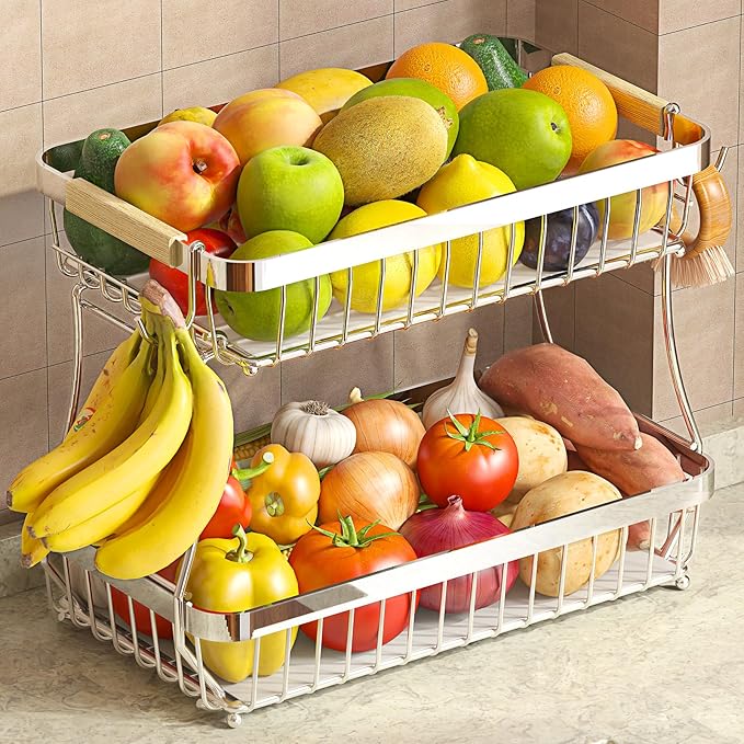 2 Tier Fruit Basket for Kitchen Counter with 2 Banana Hangers, 2025 Pro Detachable Metal Fruit Bowl with Wooden Handle,Fruit Holder for Bread Snack Veggies, Silvery-Ruum Studio Home