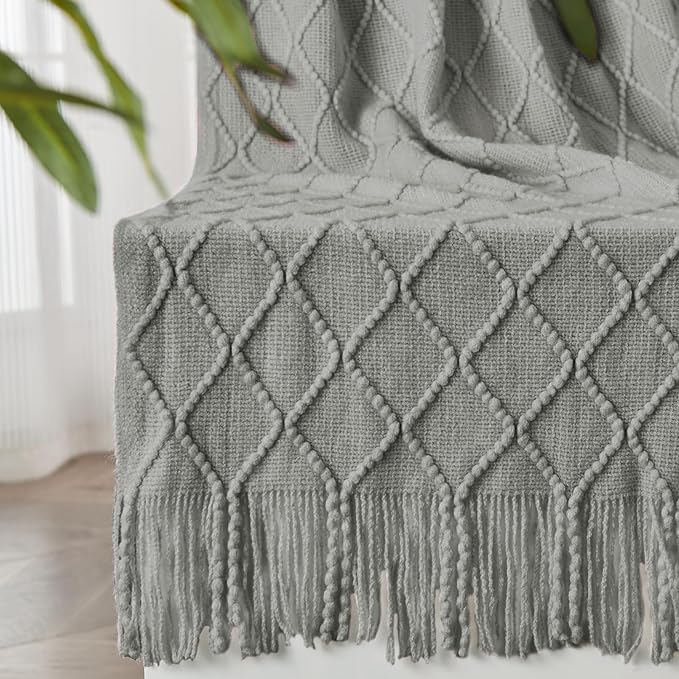 inhand Knitted Throw Blankets for Couch and Bed, Soft Cozy Knit Blanket with Tassel, Light Grey Lightweight Decorative Blankets and Throws, Farmhouse Warm Woven Blanket for Men and Women, 60"x80"-Ruum Studio Home