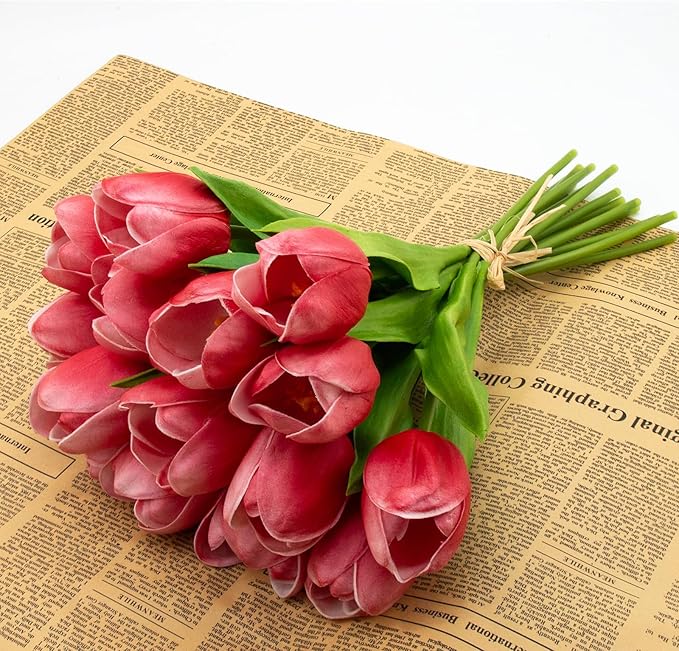 Buart Artificial Tulip in Bulk for Home Kitchen Wedding Bridal Bouquet,Fake Flowers for Mother's Day Easter Table Centerpieces Decorations(Large Size,Hot Pink,Real-Touch,12pcs)-Ruum Studio Home