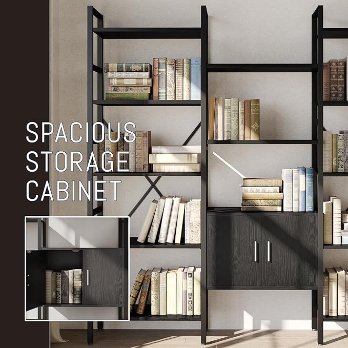 70 x70 Triple 5 Tier Book Shelf, Industrial Large Bookcase with Storage Cabinet, Tall Bookshelf with 14 Open Display Shelves Metal Frame Furniture for Living Room Bedroom Home Office Black-Ruum Studio Home
