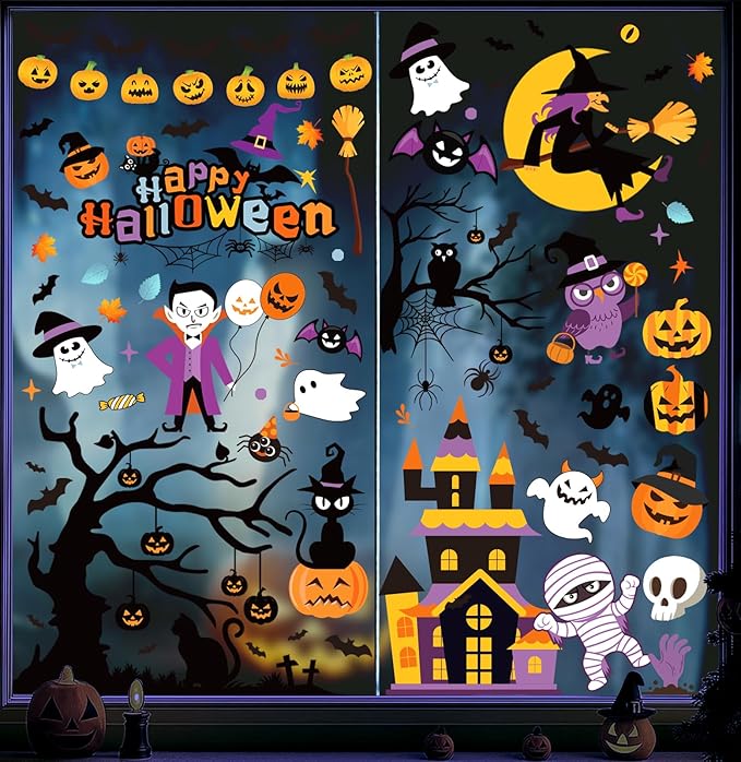Halloween Window Clings - 9 Sheets 213 Pcs Happy Halloween Window Decorations Indoor for Home Party Eyes Pumpkin Ghost Bats Witch Stickers for Glass Double-Sided Removable Static Glass Decals-Ruum Studio Home