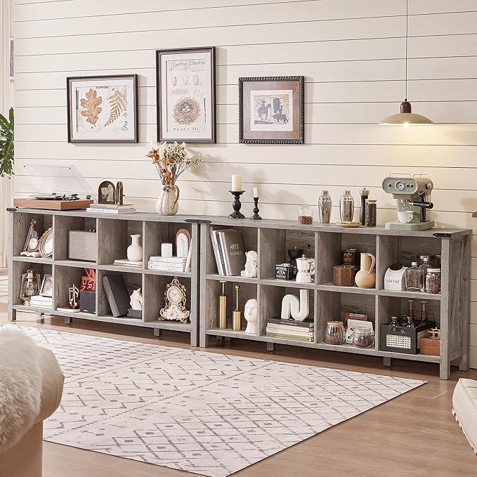 8 Cube Book Shelf, Farmhouse Wood Long Storage Organizer Bookcase, 62" Horizontal Grey Oak Console Closet Bookshelf, Hallway TV Stand for Entryway, Display Cabinet Book Case for Living Room-Ruum Studio Home