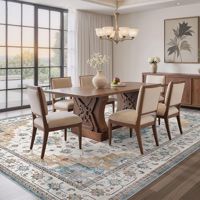 Washable Area Rugs for Living Room - 5x7 Neutral Vintage Distressed Floral Farmhouse Boho Large Soft Floor Rug Indoor Non Slip Carpet for Living Room Bedroom Dining Room Office - Blue/Yellow/Beige-Ruum Studio Home