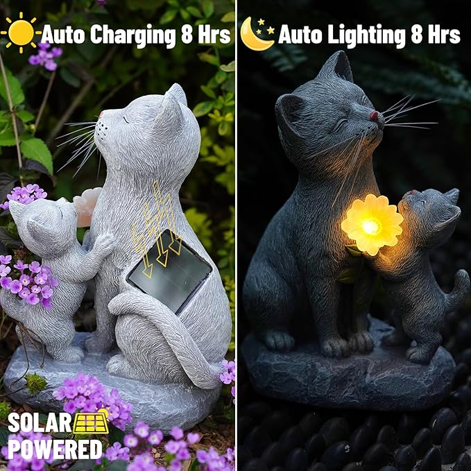Solar Cat Garden Statue Outdoor Decor - Mother & Kitten Figurines with Flower LED Light, Outside Yard Art Patio Balcony Lawn Ornament, Unique Gifts for Cat Lover-Ruum Studio Home