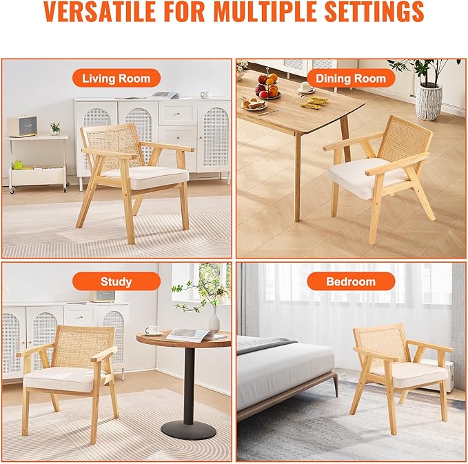 VEVOR Mid Century Modern Rattan Chair, Upholstered Velvet Accent Chair with Rattan Back, Retro Living Room Chair for Living Room, Bedroom, Reading Room, and Office, Beige-Ruum Studio Home