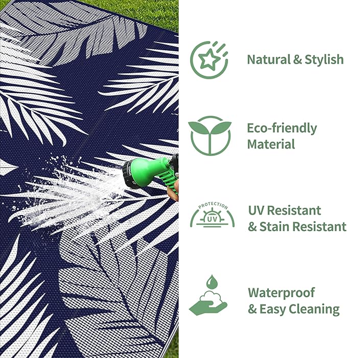 GENIMO Outdoor Rug 2.5' x 8' Waterproof for Patios Clearance, Reversible Outdoor Plastic Straw Camping Rug Carpet, Large Area Rugs Mats for RV, Camper, Deck, Balcony, Porch, Beach, Navy Blue&White-Ruum Studio Home