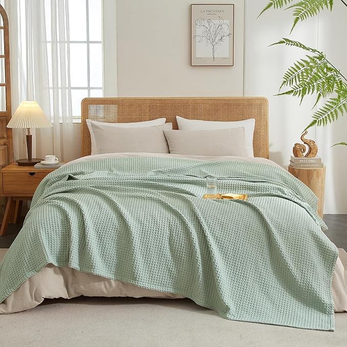 PHF Ultra Soft Waffle Weave Blanket Twin Size 66"x 90"- Washed Lightweight Breathable Cozy Woven Blanket for Bed - Aesthetic Decor for Couch Bedding Sofa Home Car - Sage Green/Mint Green-Ruum Studio Home