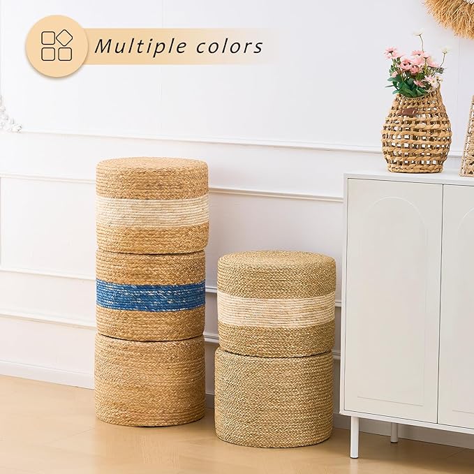 Handwoven Seagrass Ottoman Pouf, Round Outdoor Footstool with Sturdy Frame, No Assembly Needed, Boho Accent Stool for Indoor & Outdoor Use – Patio, Balcony, Living Room (Seagrass White)-Ruum Studio Home