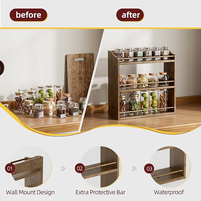 Spice Rack for Countertop, Bamboo Seasoning Jars Organizer Rack Shelf Wall Mounted, 15.83" W x 4.96" D x 15.75" H (Walnut)-Ruum Studio Home