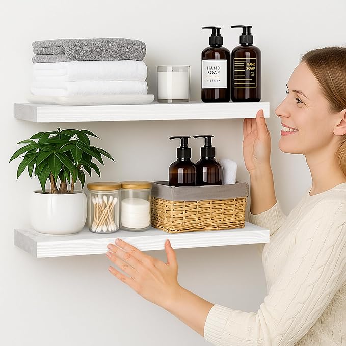 BGMG Wood Floating Shelves 24 inch Long,Rustic Solid Wooden Deep Wall Shelves for Bathroom Living Room Bedroom Kitchen Farmhouse Set of 2-24x6.7x1.25 inch-White-Ruum Studio Home
