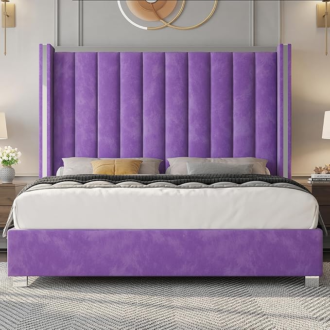 Jocisland Queen Bed Frame with 58" Tall Headboard, Velvet Upholstered Platform Bed with Channel Tufted Wingback Headboard and Plating Trim, No Box Spring Needed, Purple-Ruum Studio Home