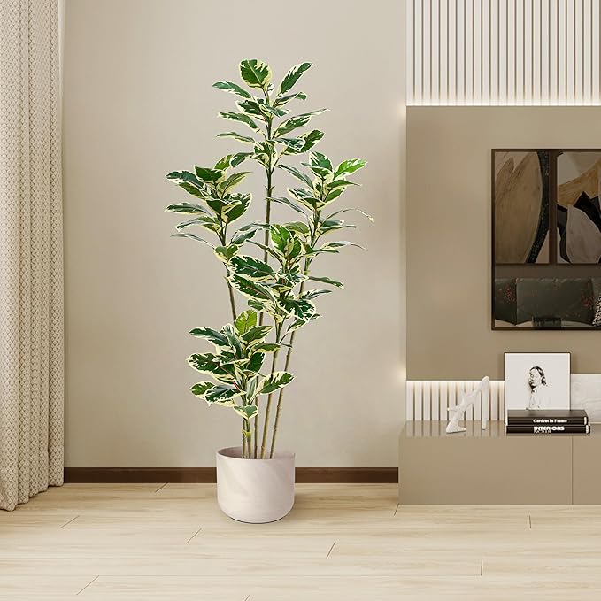 Artificial Rubber Plant 6FT Faux Plants Indoor Fake Rubber Tree with White Planter, Tall Fake Plants Potted Tree Floor Plant in Pot, Artificial Trees for Home Office Room Outdoor Decor-Ruum Studio Home