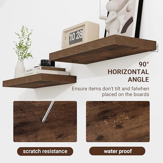 24 Inch Floating Shelves, 24"x9.25"x1.5" Inch Deep Floating Shelves for Wall, Wooden Shelves for Bathroom, Bedroom, Living Room, Brown-Ruum Studio Home