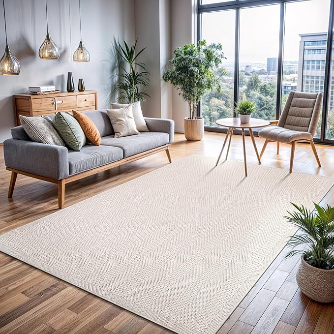 CAMILSON Easy Jute Rug 5x7, Indoor Outdoor Off-White Color Fiber Area Rugs for Living Room Patio and Kitchen Rug Herringbone Seagrass Woven Design Easy-Cleaning Washable Outside Carpet Alfombras 5 x 7-Ruum Studio Home