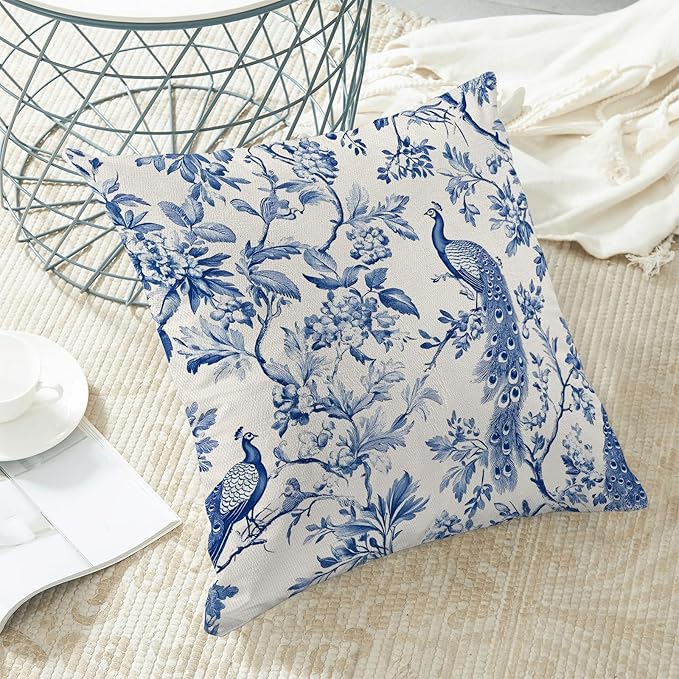 Navy Blue Spring Floral Pillow Covers 18 x 18 Inch Set of 2 for Chinoiserie Flowers Bird Decor Throw Pillows Vintage Plant Farmhouse Outdoor Decorative Cushion Cases for Couch Bed Decorations-Ruum Studio Home