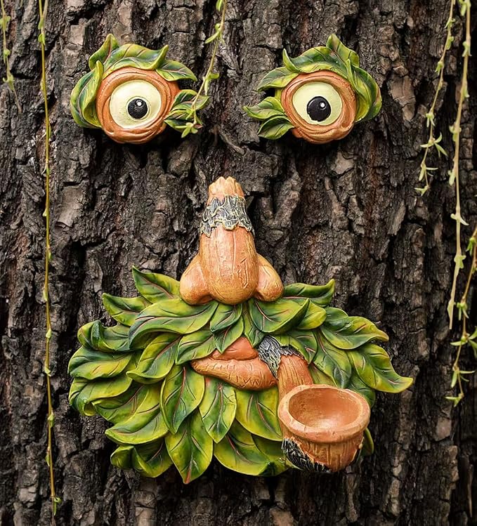 Tree Face Decor Outdoor,Whimsical Outdoor Art with Bird Feeder,Tree Hugger Bark Ghost Face Decoration Funny Yard Art,Garden Creative Decoration (8 INCH)-Ruum Studio Home