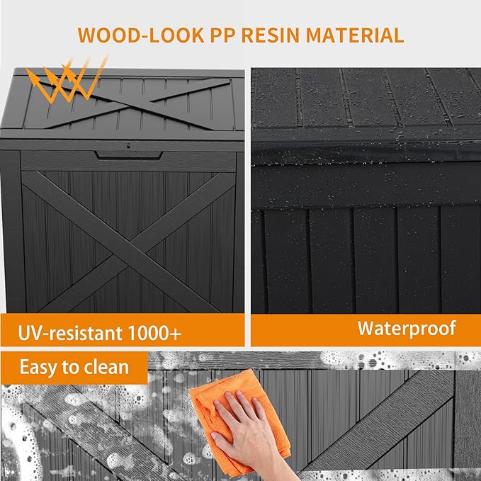 32 Gallon Resin Deck Box, Lockable Outdoor Storage Box for Patio Cushions Storage Furniture,Garden Tools, Pool Supplies, Weatherproof and UV Resistant（Black X）-Ruum Studio Home