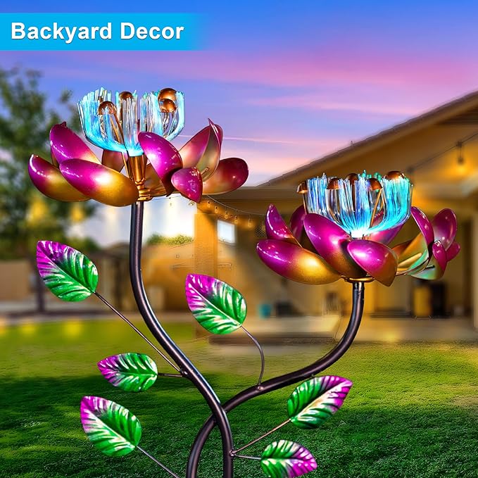 55'' Solar Powered Kinetic Wind Spinner Sculpture Pink Lotus Metal Stake Spinner for Patio, Lawn and Garden Decor Weather-Resistant Outdoor Art with Dual Lotus Design-Ruum Studio Home