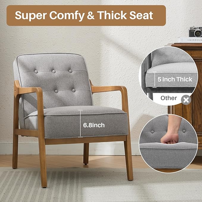 Linen Accent Chair, Mid Century Modern Chair for Living Room, Upholstered Comfy Lounge Armchair with Solid Wood Frame, Reading Side Chair for Bedroom,105°Ergonomic Comfort, Grey-Ruum Studio Home
