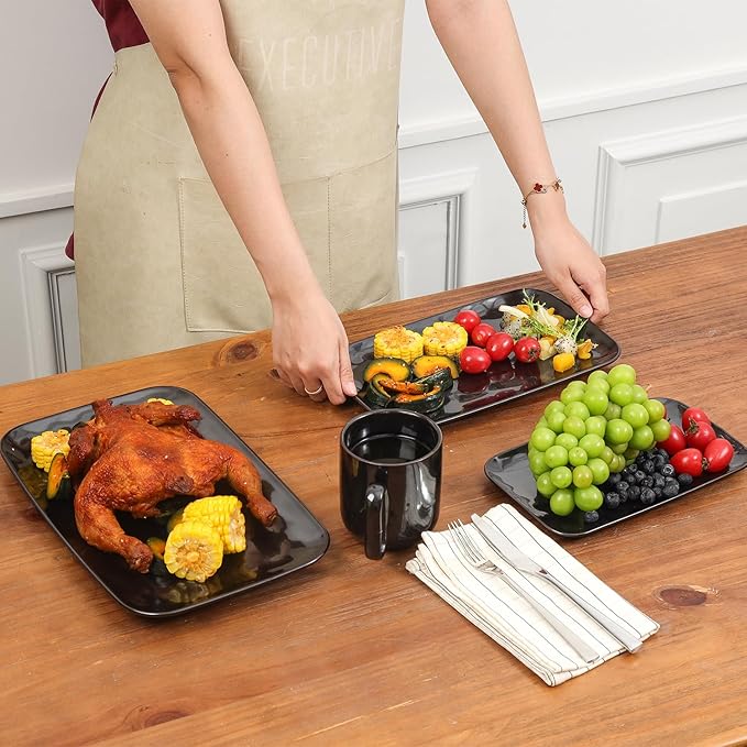 vicrays Ceramic Rectangle Serving Platters - 14" 12" 10" Porcelain Serving Trays Plates for Party BBQ Appetizers Sushi Dessert - Microwave Oven and Dishwasher Safe - Set of 3 Bright Black-Ruum Studio Home